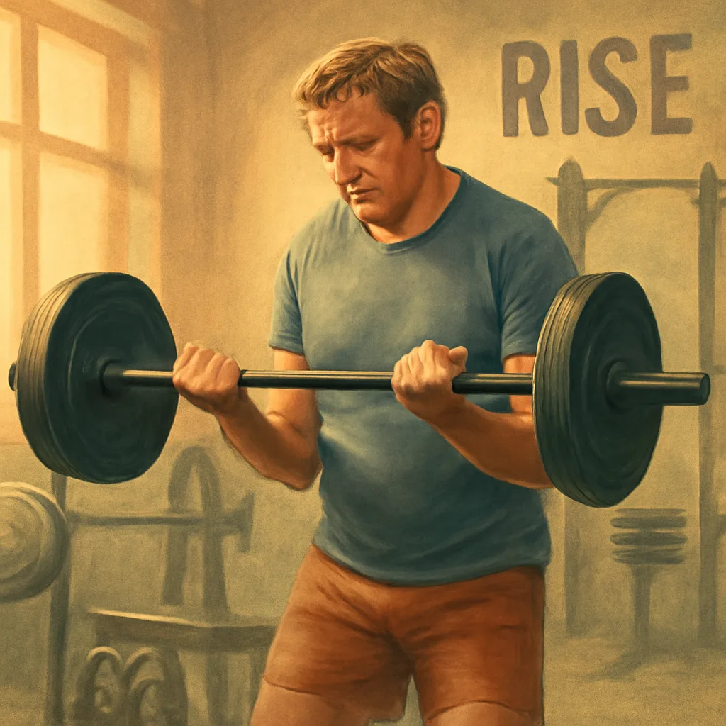 editorial illustration of a middle-aged man lifting weights in a gym, motivational atmosphere, soft lighting
