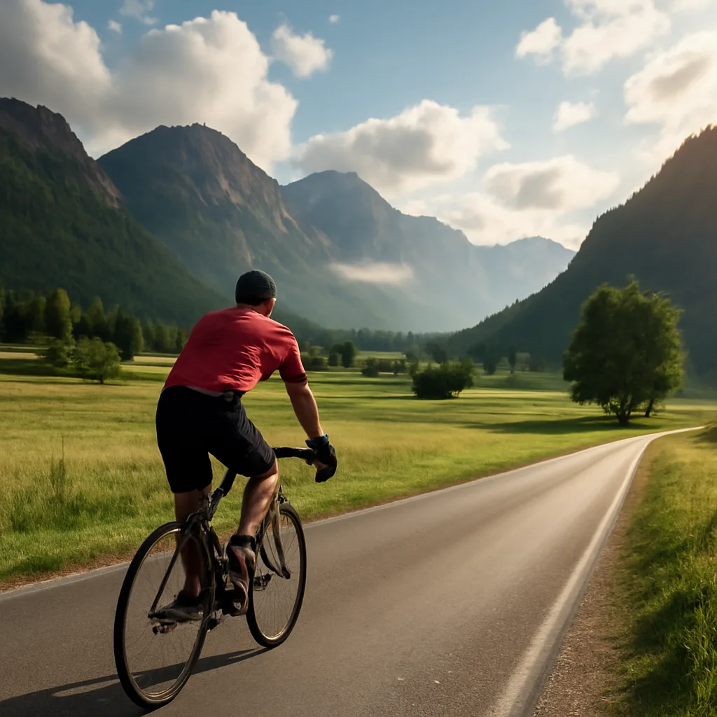 photorealistic image of a cyclist riding through a scenic landscape