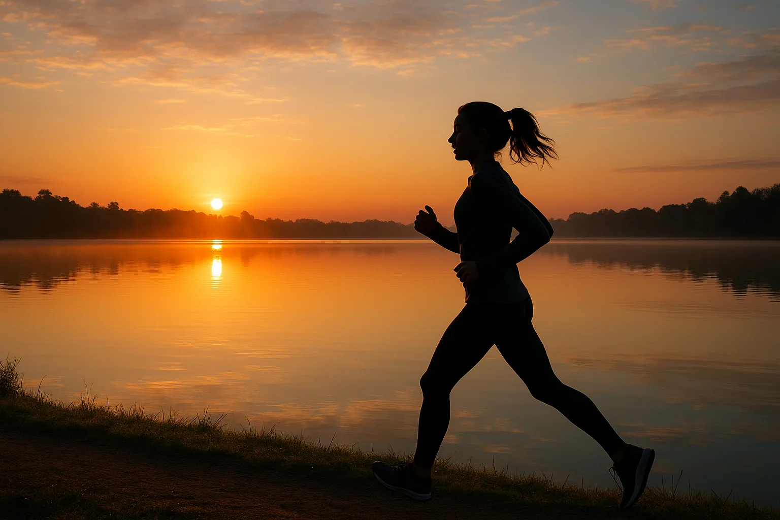 early morning jogger by a serene lake with sunrise