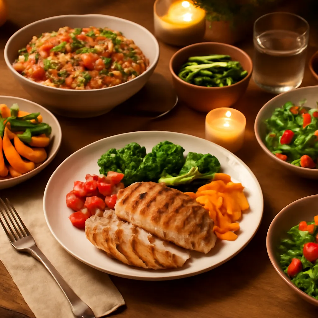 a beautifully arranged dinner table with healthy food options, featuring grilled chicken, quinoa salad, and colorful veg