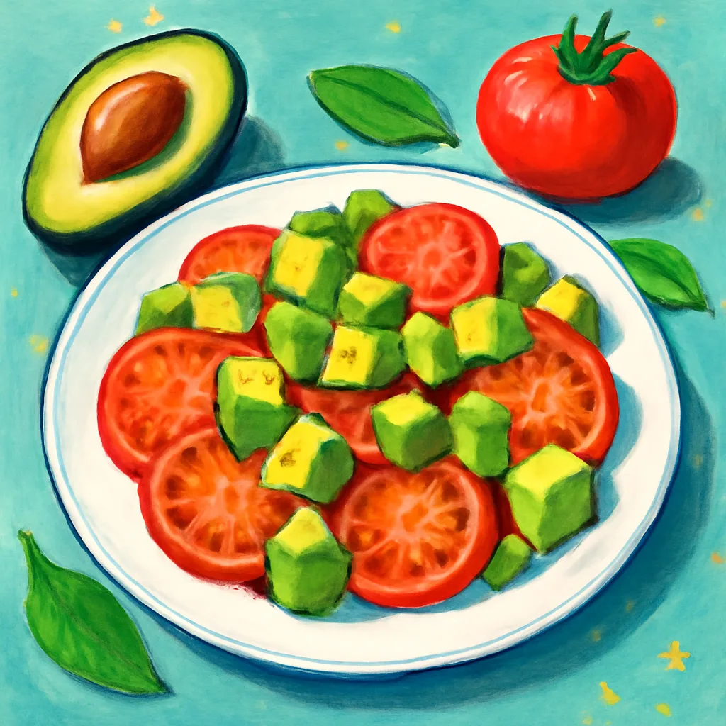 editorial illustration of a healthy avocado and tomato dish with vibrant colors, no people, bright and fresh style