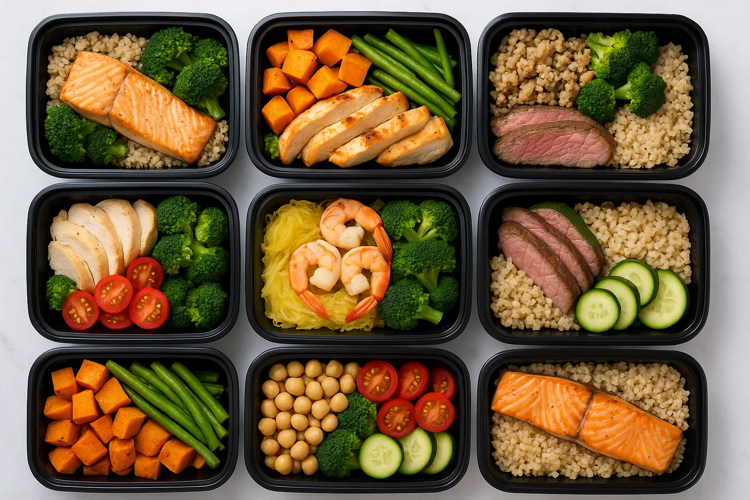 neatly arranged meal prep containers with healthy foods