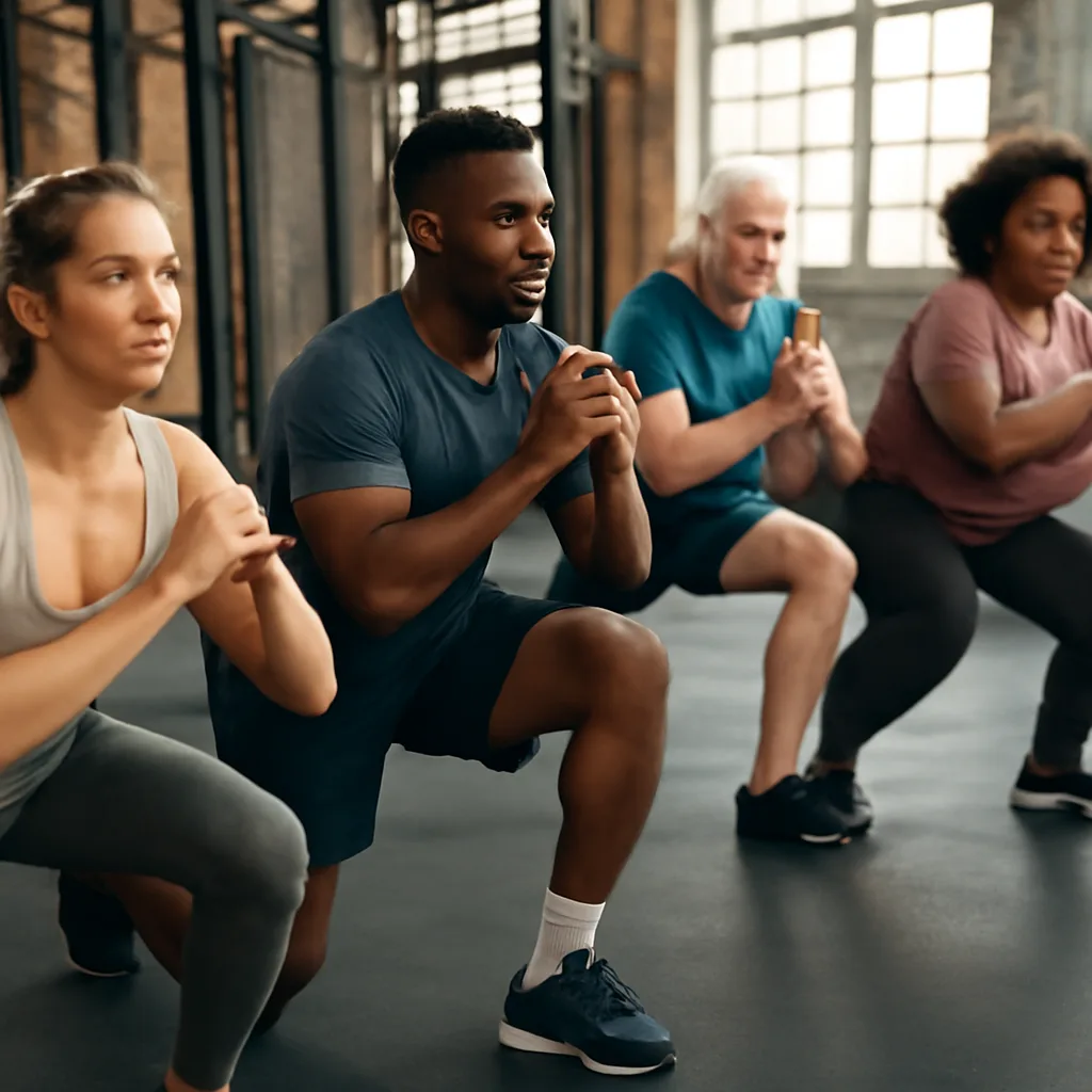 photorealistic image of a diverse group of people exercising together in a gym
